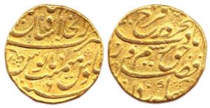Farrukhsiyar, Gold, Mohur, Shahjahanabad Mint, RY 6 (KM 390.30). Broad flan, About Very Fi