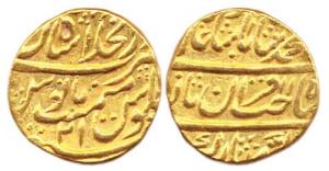 Muhammad Shah, Gold, Mohur, Shahjahanabad Mint, AH 11xx/21, sahib qiran type (KM 437.1). V