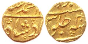 Muhammad Shah, Gold, 3.80 , 1/3 Mohur, Khujista Bunyad Mint, RY 2,. Very Fine+, Very Rare.