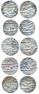 Lakhnau Mint, Silver (5), Rupee, Aurangzeb, Shah Alam I, Farrukhsiyar and Muhammad Shah. A