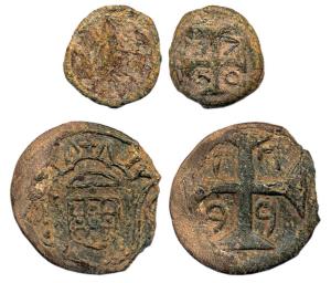 Diu, Tin (2), 20 Bazarucos, AD 1799 and 5 Bazarucos, 1799 (KM 470 and 44). About Very Fine