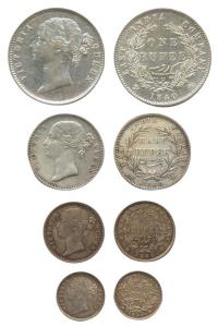 Victoria Queen, Silver (4), Divided legend, Set of 4: Rupee, 1/2, ¼ Rupee and 2 Annas, 184