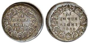 Queen Victoria, Silver, ¼ Rupee, rev. brockage or lakhi, 1862, error- brockage slight off-