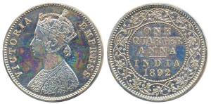 Victoria Empress, Silver, OMS (Off Metal Strike) ¼ Anna, 1892, Calcutta Mint. Proof Restik