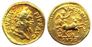 Roman Empire, Septimus Severes, AD 207, Gold, Aureus, curly haired bust of the emperor to 