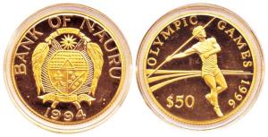 Nauru, Olympic Games, Gold, $ 50, 1994, 8 g. Court of Arms on obv. athlete throwing a jave