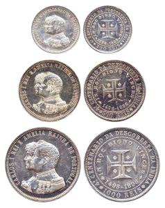 Portugal, Carlos I, Silver (3), complete set of 1000, 500 and 200 Reis, 1898, 400th Annive