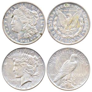 United States, Morgan and Peace Dollars, Silver, 1921 and 1926, the first Very Fine+ and t