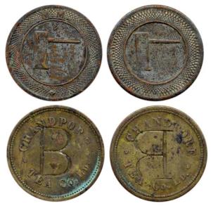 Tea Garden Tokens, Copper (2), Chandpore Tea Co., and the other anonymous. Early 20th cent