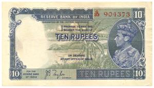 George VI, Rupees 10, 1st issue, 1938, signed J. B. Taylor, (Jhun #5.1). Very Fine+ and be