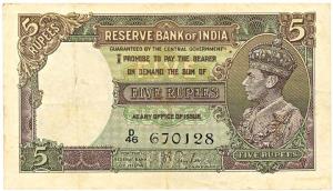 George VI, Rupees 5, 1st issue, 1938, signed J. B. Taylor, (Jhun #3.1). Very Fine.