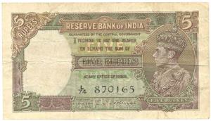 George VI, Rupees 5, 1st issue, 1938, signed C. D. Deshmukh, (Jhun #3.2). About Very Fine.
