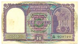 Rupees 10, 1950, signed C. D. Deshmukh, (Jhun #4.1.1). About Very Fine.