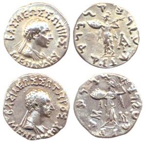 Indo-Greeks, Menander I, Silver (2), Drachma, bust of the ruler to right on obv and Greek 
