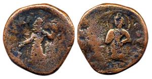 Kushanas, Kanishka I, Copper, 15.45 g, Boddo on rev., king standing to left and offering h