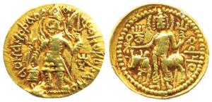Kushanas, Vasudeva, Gold, Dinar, Osho type, king standing facing left, holding a trident a