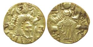 Kidara Kushanas, Base Gold, Dinar, Kashmir region, king standing left with Kidara written 