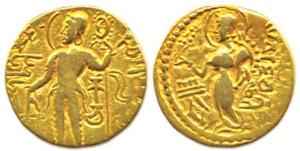 Guptas, Samudragupta, Gold, Dinar, Kacha type, king standing to left, holding a wheel-head