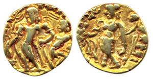 Guptas, Chandragupta II, Gold, Dinar, Chhatra type, an attendant holding a royal umbrella 