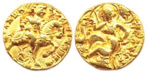 Guptas, Kumaragupta I, Gold, Dinar, Horseman type, king mounted on a horse facing right, b