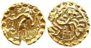 Khadga dynasty of Samatata (East Bengal), Jeevadharana Rata, Gold, 5.5 g, Dinar, Archer ty