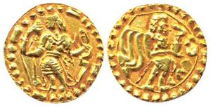 Samatata (7-8 th centuriy AD), Gold, Dinar, 5.74g, Anonymous, king standing to left holdin