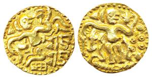 Cholas, Raja Raja I, Gold, 4.23 g, Kahavanu, king standing to right on obv with Nagari leg