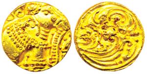Gangas, Gold, Gajapati Pagoda, an ornate elephant standing to right eating sugarcane with 