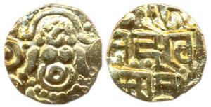 Muhammad bin Sam, Gold, Dinar, Lakshmi type, seated goddess Lakshmi on obv., Nagari legend