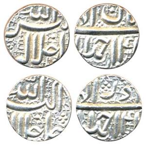 Akbar, Silver (2), ½ Rupee, Ahmedabad Mint, Allahu Akbar on obv., Aban and Azar Months. Ab