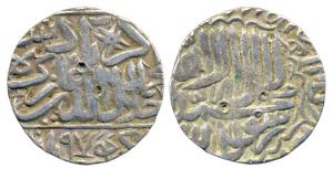 Akbar, Silver, Rupee, Akbarpur Tanda Mint, AH 974, Kalima on obv., mint name at bottom mar