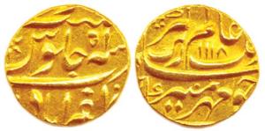 Aurangzeb, Gold, Mohur, Zafarabad Mint, AH 1118/51, nearly complete mint name on rev. Abou