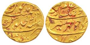 Aurangzeb, Gold, Mohur, Khujista Bunyad, AH 1109/41, mint name at bottom (SA 315.30). Abou