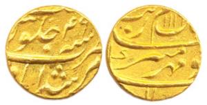 Aurangzeb, Gold, Mohur, Murshidabad Mint, AH 1116/49, nearly complete mint name at bottom 