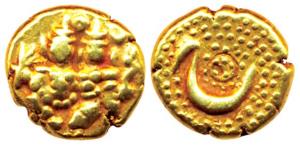 Haider Ali, Gold, Pagoda, Shiva-Parvati seated on obv, Persian he on a granulated rev. Fin