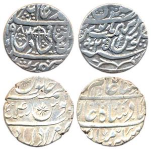Silver (2), Rupee, Qitta Bareli Mint, in the name of Shah Alam II, AH 1198/25, Swastika as