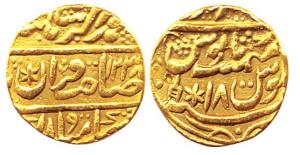 Gold, Mohur, in the name of Muhammad Akbar II, Bharatpur Mint, AH 1238/18, star on obv; st