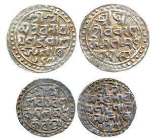 Nara Narayana, Silver (2), Rupee, the first with Nagari on obv and Bangla on rev; the seco