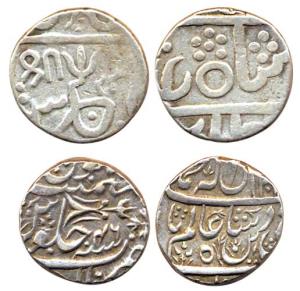 Baija Bai, Silver (2), Rupee, in the name of Shah Alam II, Shri and trishul on rev. Very F