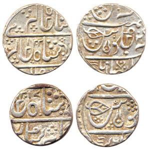 Silver (2), Rupee, Ahalyabai, AH 1202; Jaswant Rao, AH 1217, both in the name of Shah Alam
