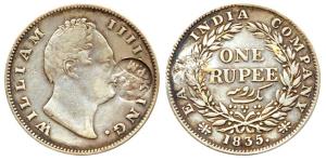 William IV, Silver, Rupee, 1835, counter-marked a crown and PM for Port Mozambique on obv.