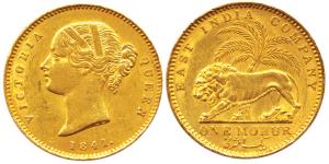 Victoria Queen, Gold, Mohur, 1841, divided legend, WW incused on the truncation. Very Fine