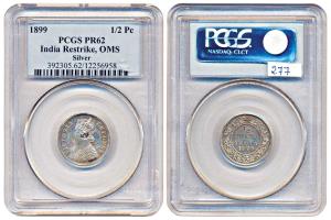 Victoria Empress, Silver, OMS (Off Metal Strike) ½ Pice, 1899. Slabed in a PCGS holder, gr