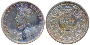 George V, Silver, Rupee, Proof, Mule, 1911. Redesigned trunk of 1912 on obv. with the rev 