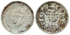 George VI, Silver, Rupee, 1942, Bombay Mint, Milled (reeded) edge. About Very Fine, Very R