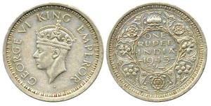 George VI, Silver, Rupee, 1945, Bombay Mint, Error, security edge. The rev. rotated at -90