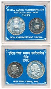 Uncirculated Set, 1985, Death of Indira Gandhi, Rupees 20 and 100, Bombay Mint. Within ori