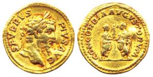 Roman Empire, Septimus Serverus, AD 210,Gold, Aureus, portrait of the emperor on obv., two