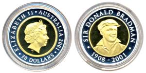 Australia, Sir Donald Bradman 1908-2001, $20 Bi-metal gold and silver, 2001, 8.4 g gold an