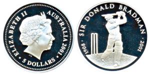 Australia, Sir Donald Bradman 1908-2001, Silver, $5, 2001, 36.3g. (KM 761). Proof.